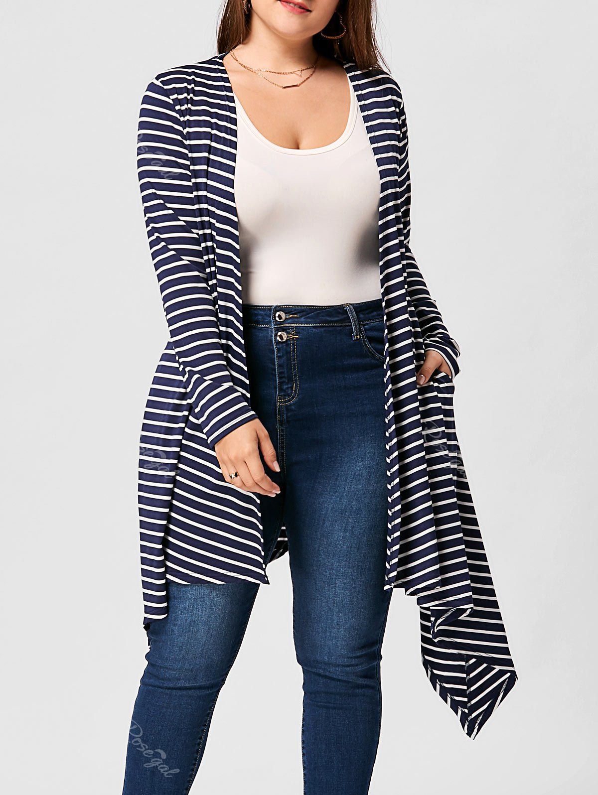 

Plus Size Handkerchief Hem Striped Cardigan, Blue stripe
