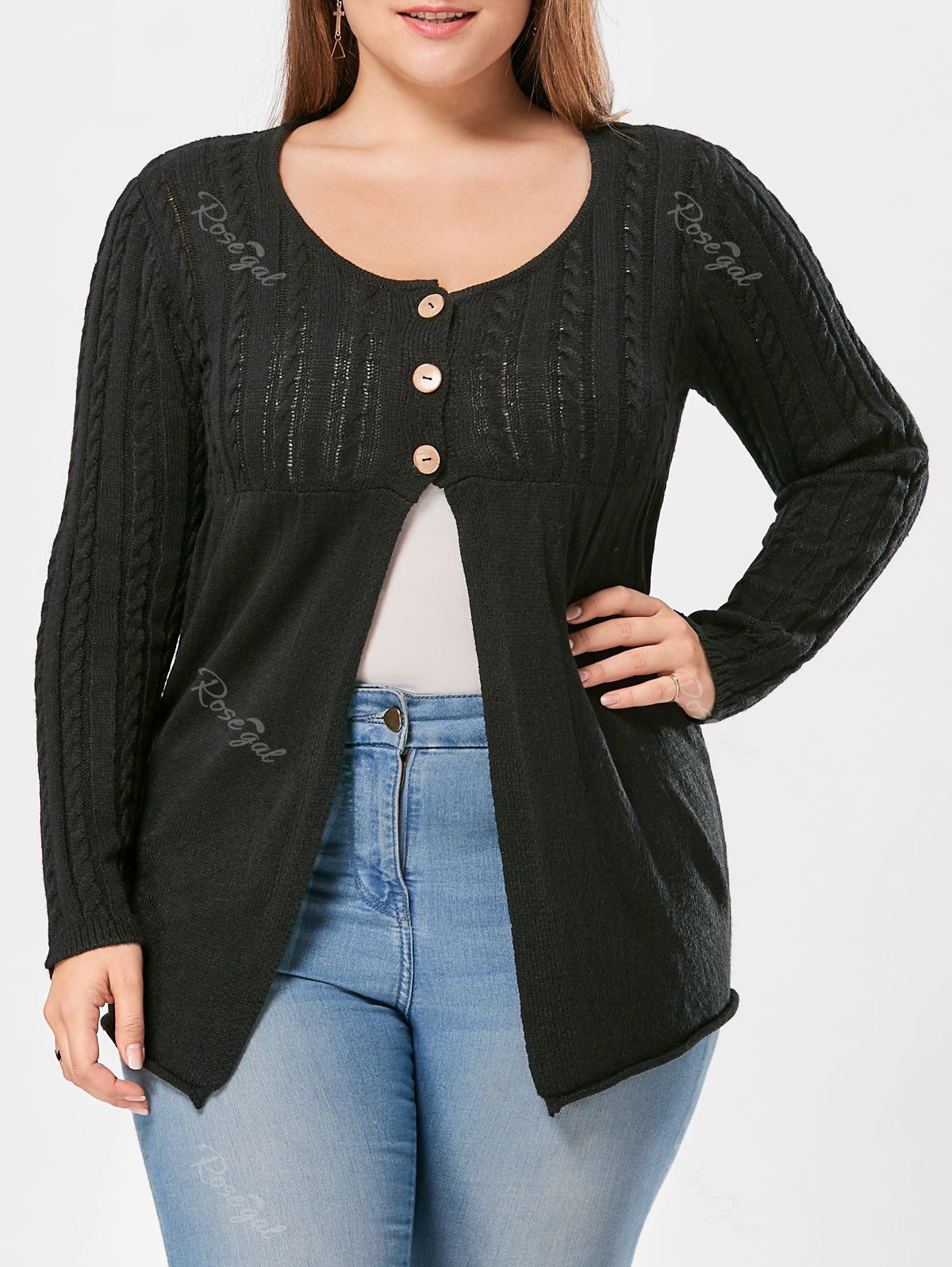 

Plus Size Button Detail Cable Knit Cardigan, Black