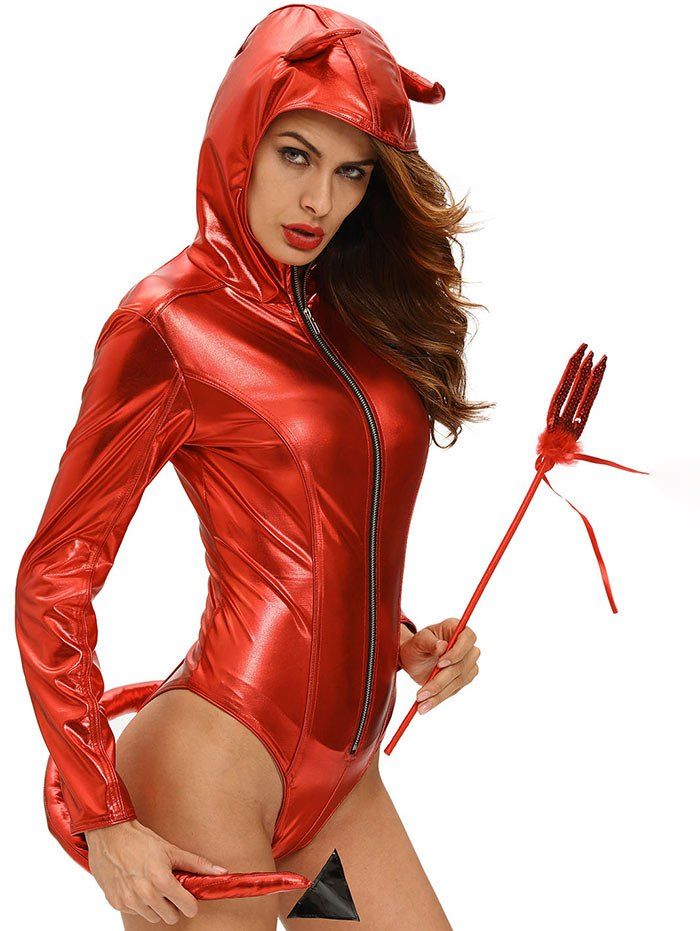 [31 OFF] Glitter Hooded Halloween Devil Bodysuit Rosegal