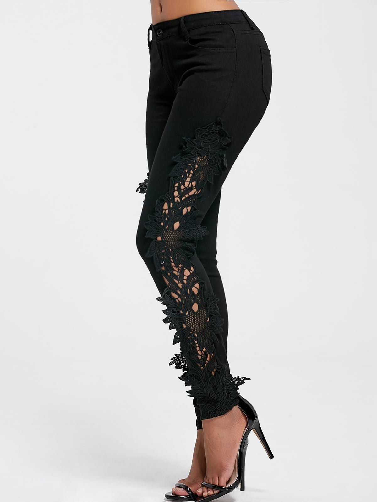 

Hollow Out Lace Panel Jeans, Black