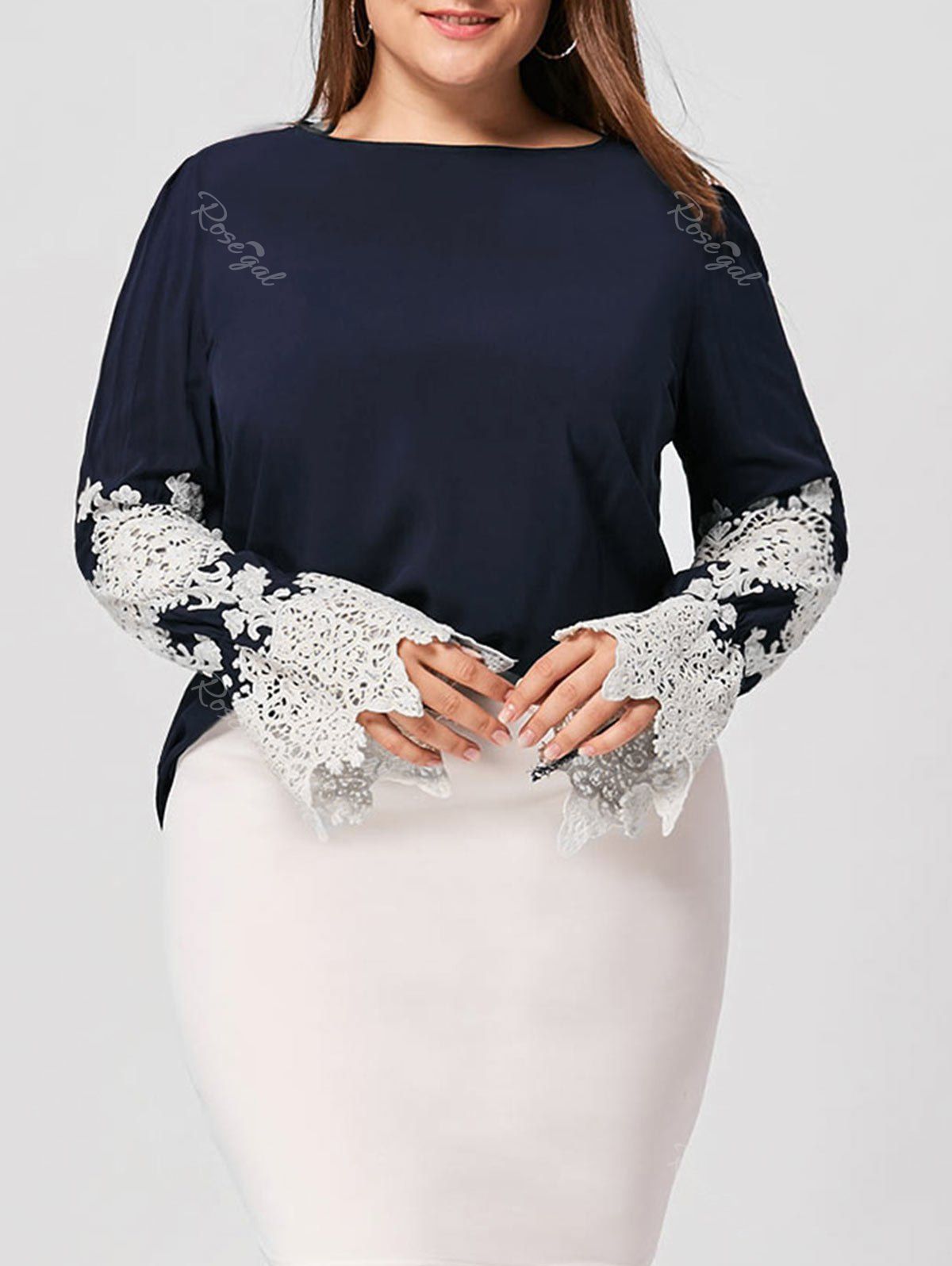 

Plus Size Lace Panel High Low Blouse, Black blue