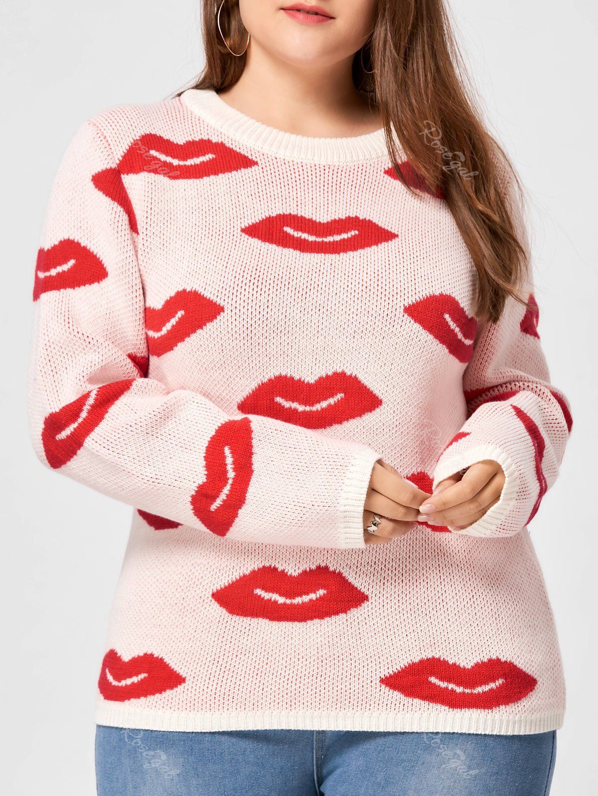 [55 OFF] Plus Size Lip Pattern Sweater Rosegal