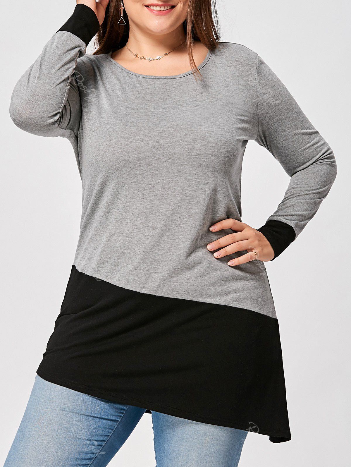 

Plus Size Long Sleeve Two Tone Asymmetric Top, Black and grey