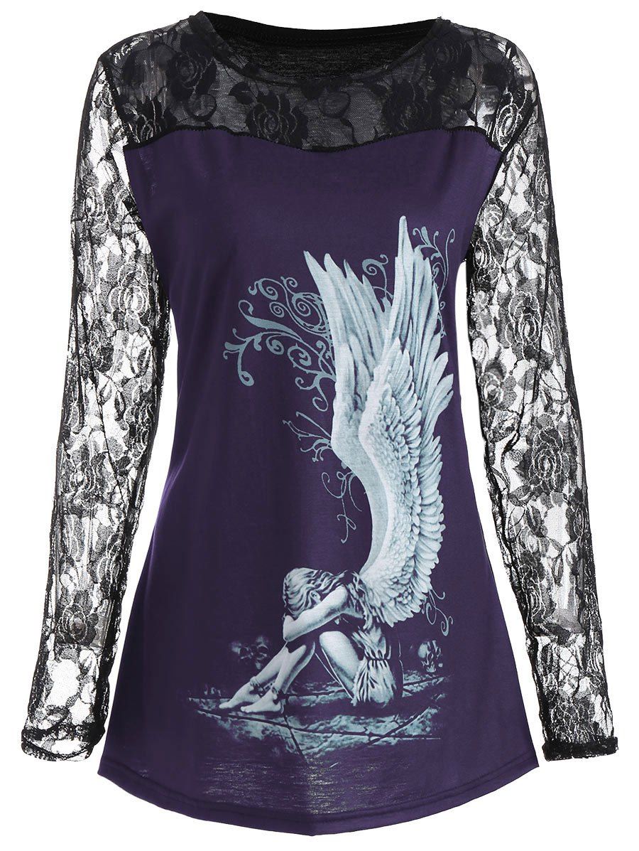 

Lace Panel Angel Print Plus Size Top, Purple