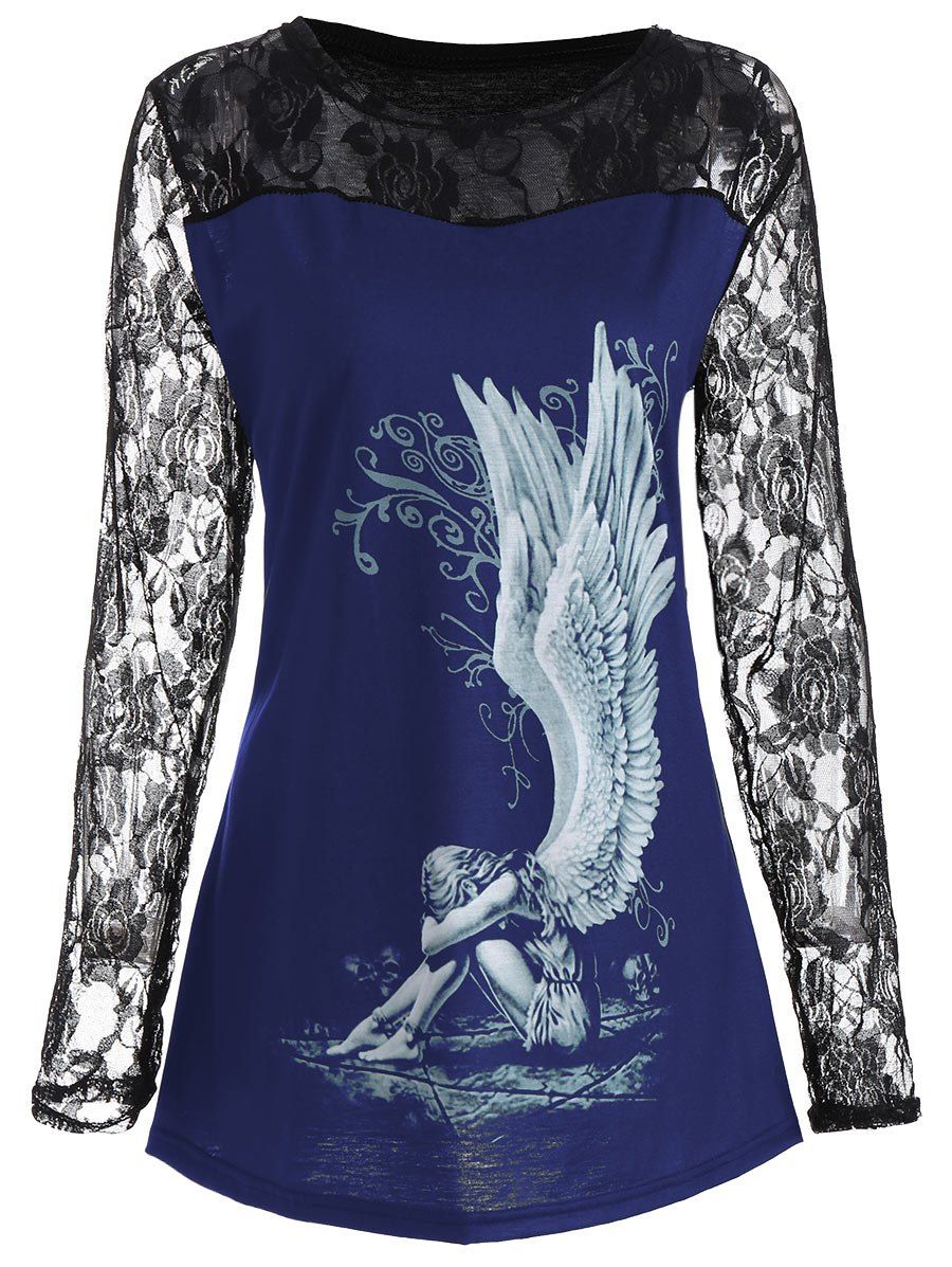 

Lace Panel Angel Print Plus Size Top, Blue