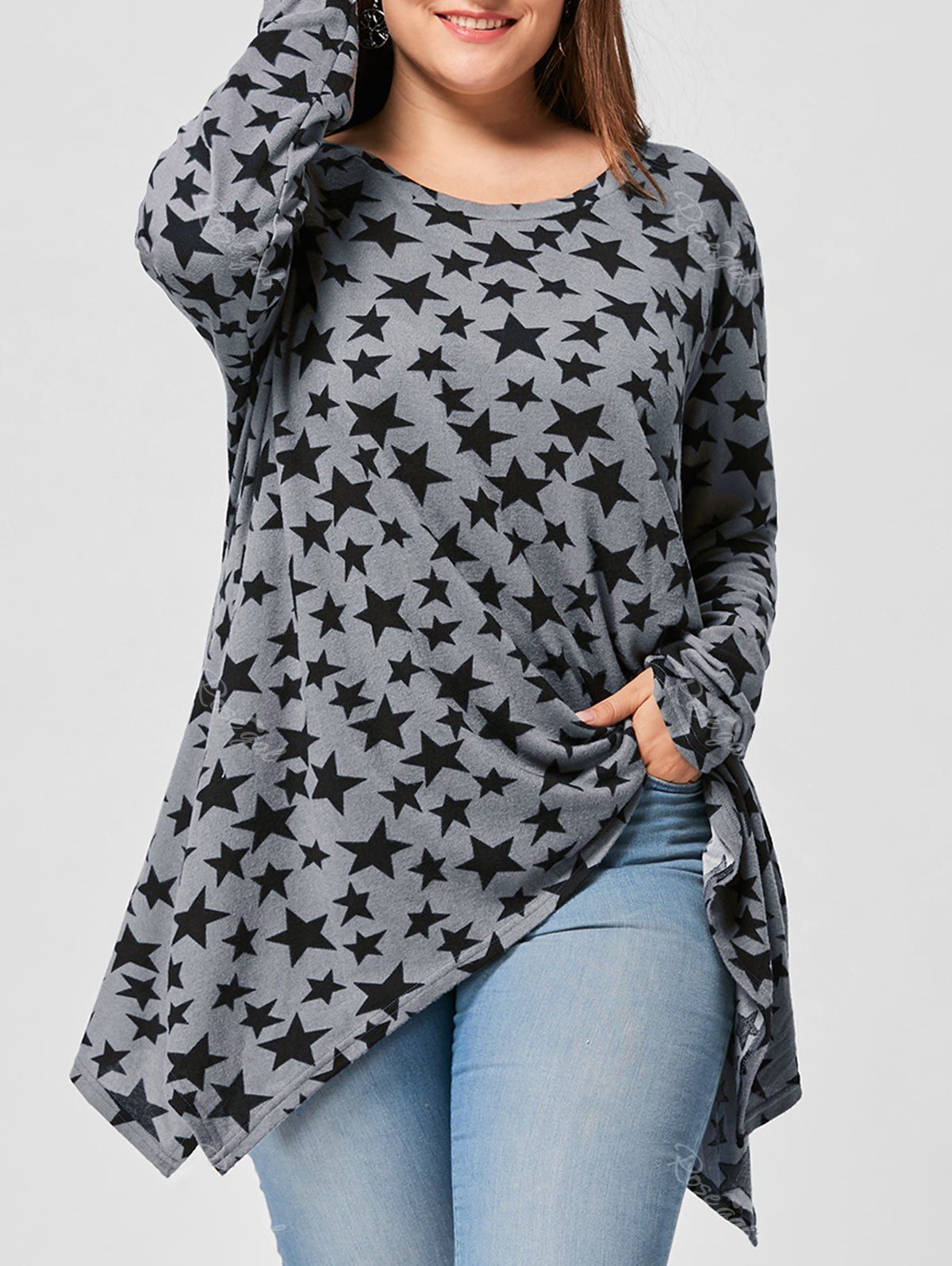 

Plus Size Allover Star Long Sleeve Top, Gray