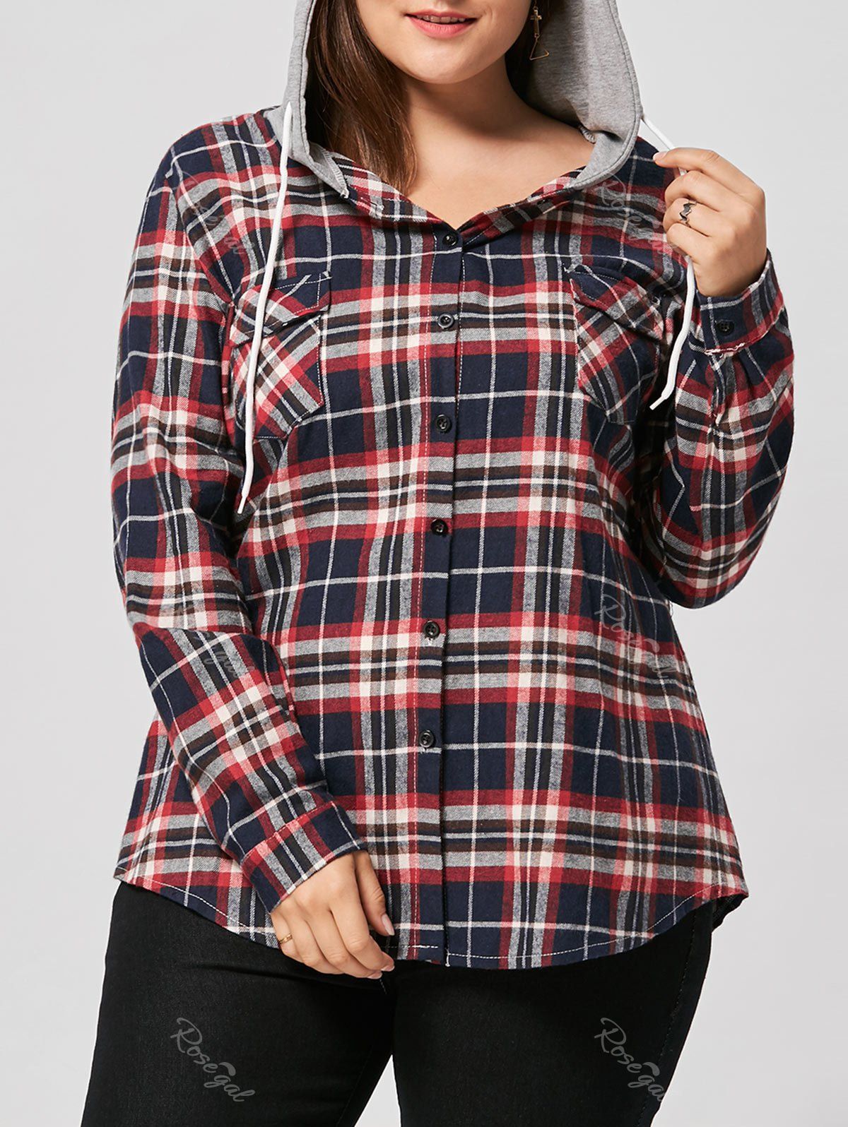 

Plus Size Button Up Plaid Shirt Hoodie, Red
