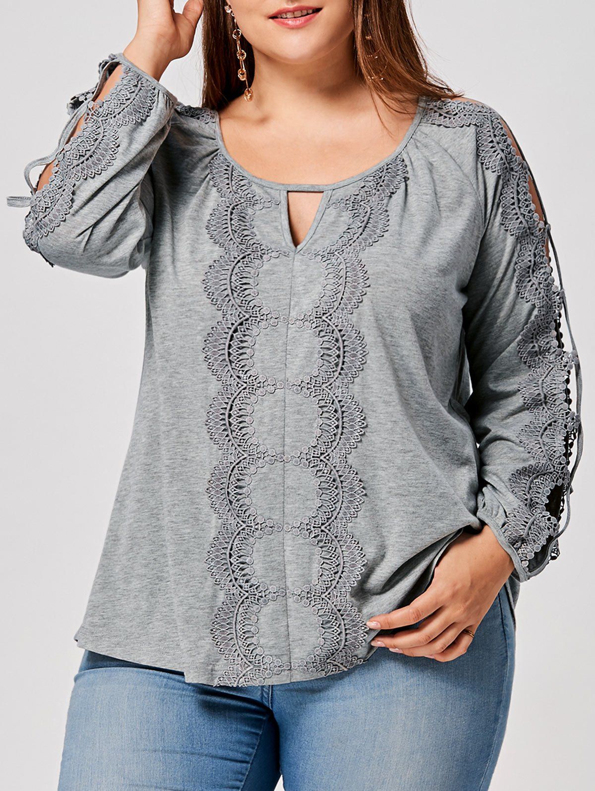 

Plus Size Keyhole Cut Out Lace Panel Top, Gray