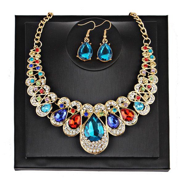 

Teardrop Faux Gem Chunky Necklace Suit, Colormix