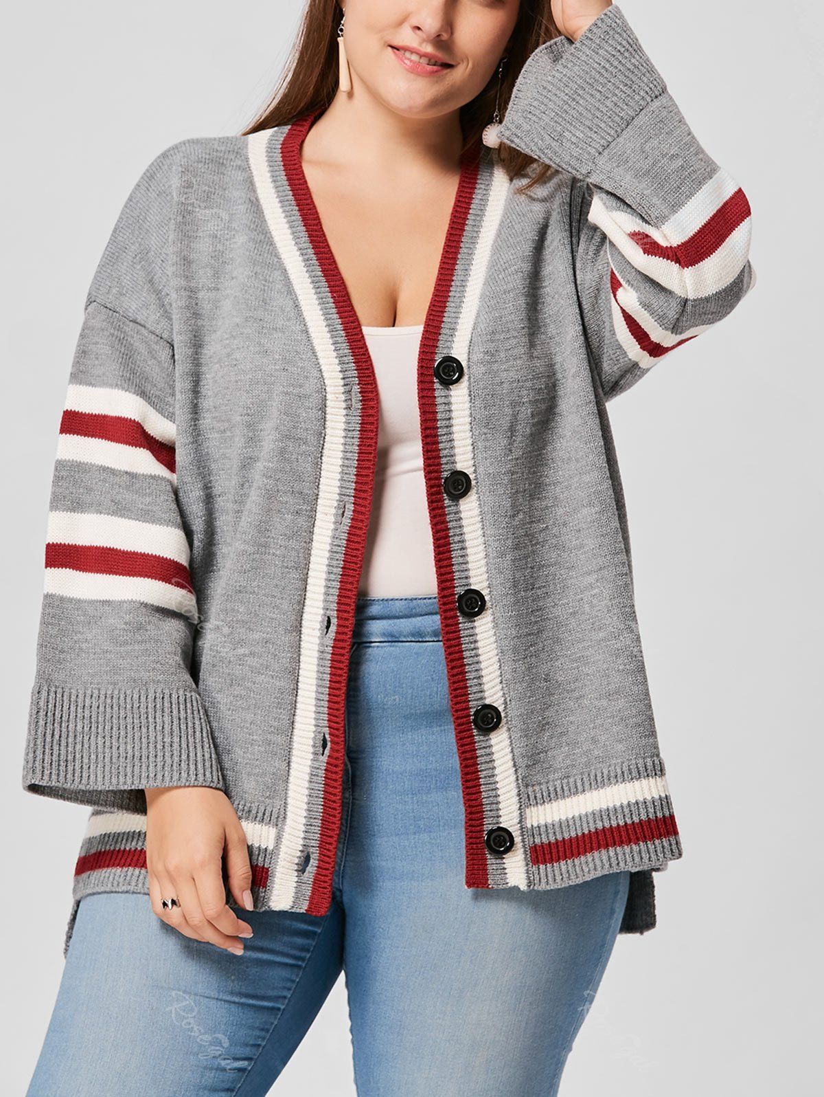 

Plus Size Drop Shoulder Striped Cardigan, Gray