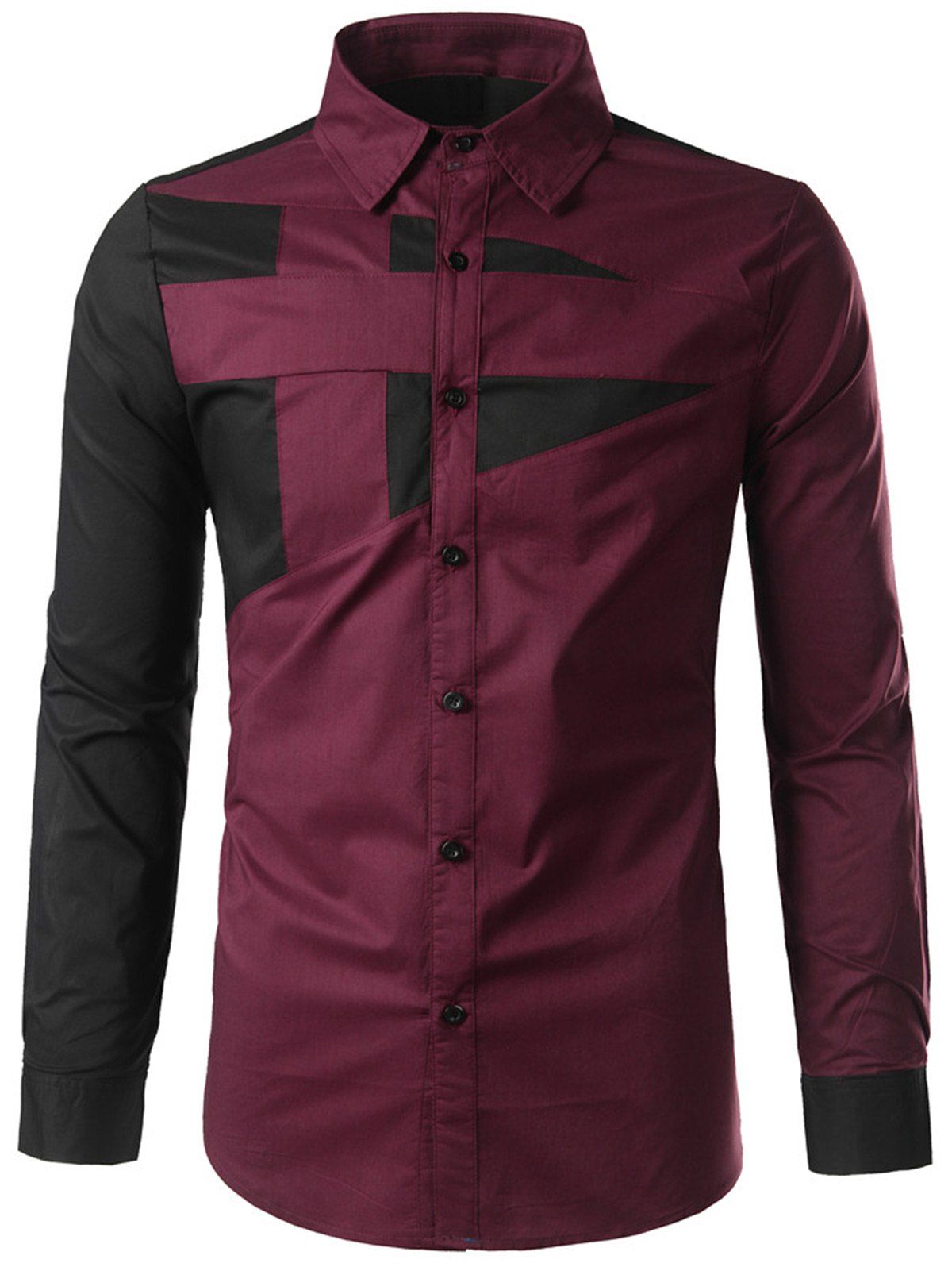 

Color Block Button Long Sleeve Shirt, Wine red