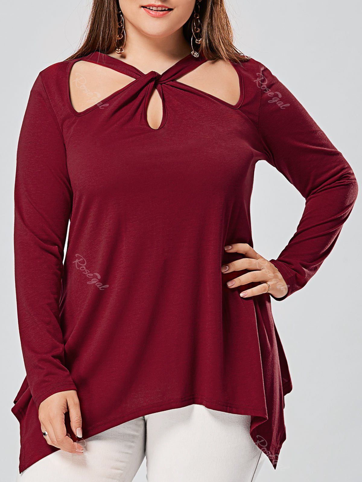 

Plus Size Front Knot Cut Out Long Sleeve Top, Red