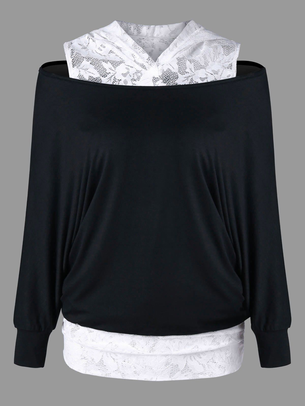 

Lace Panel Cold Shoulder Hoodie, White and black