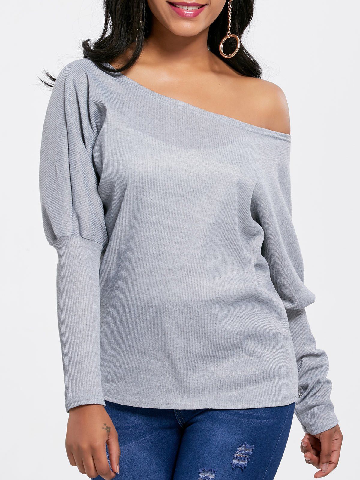 [76% OFF] Skew Collar Knitted Batwing Sleeve Top | Rosegal