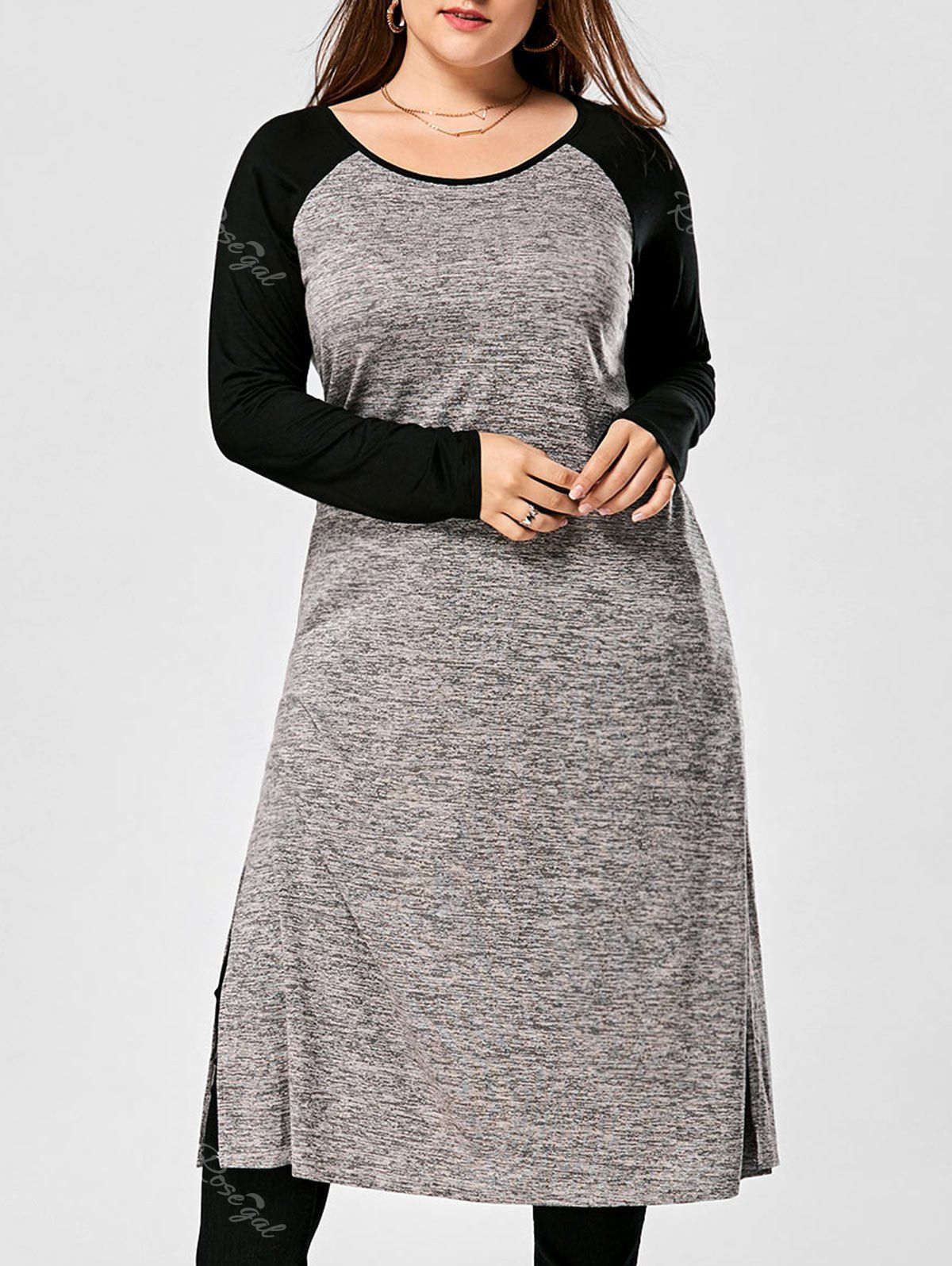 

Plus Size Side Slit Raglan Sleeve Longline Top, Black and grey