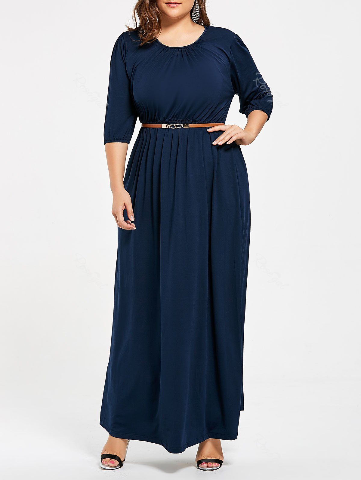 

Ruched Plus Size Maxi Party Dress with Belt, Cerulean