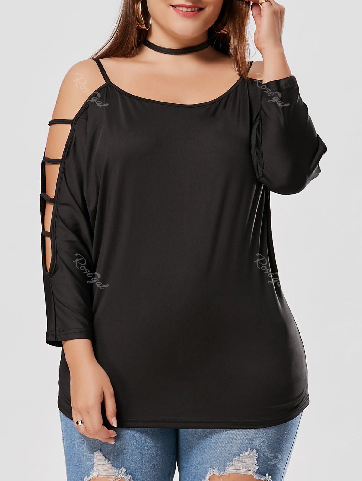 

Cut Out Ladder Sleeve Plus Size T-shirt, Black