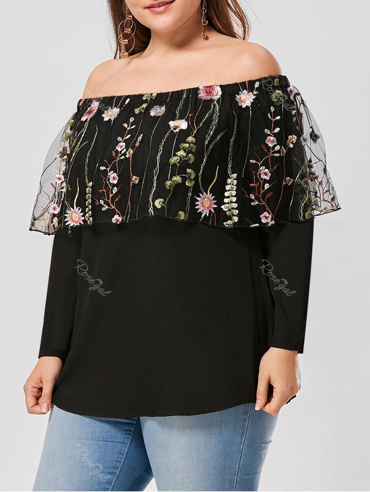 

Plus Size Embroidery Off The Shoulder Capelet Blouse, Black
