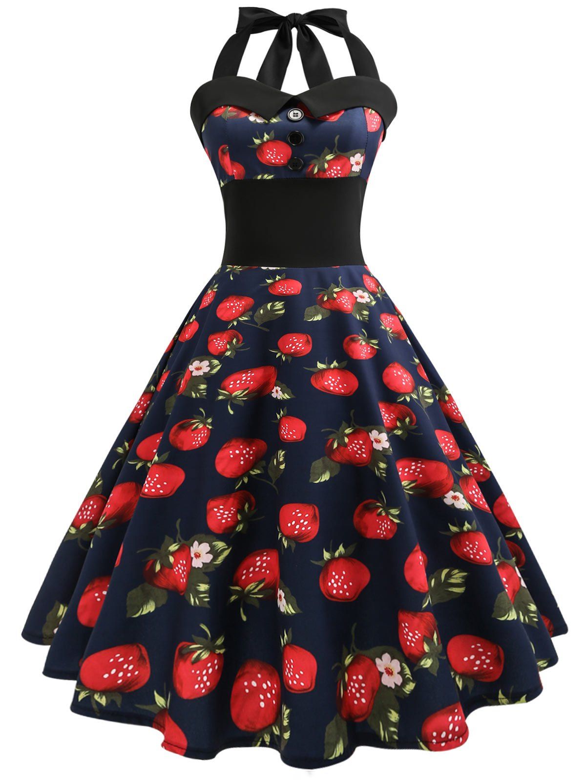 

Halter Strawberry Print Vintage Pin Up Dress, Deep blue