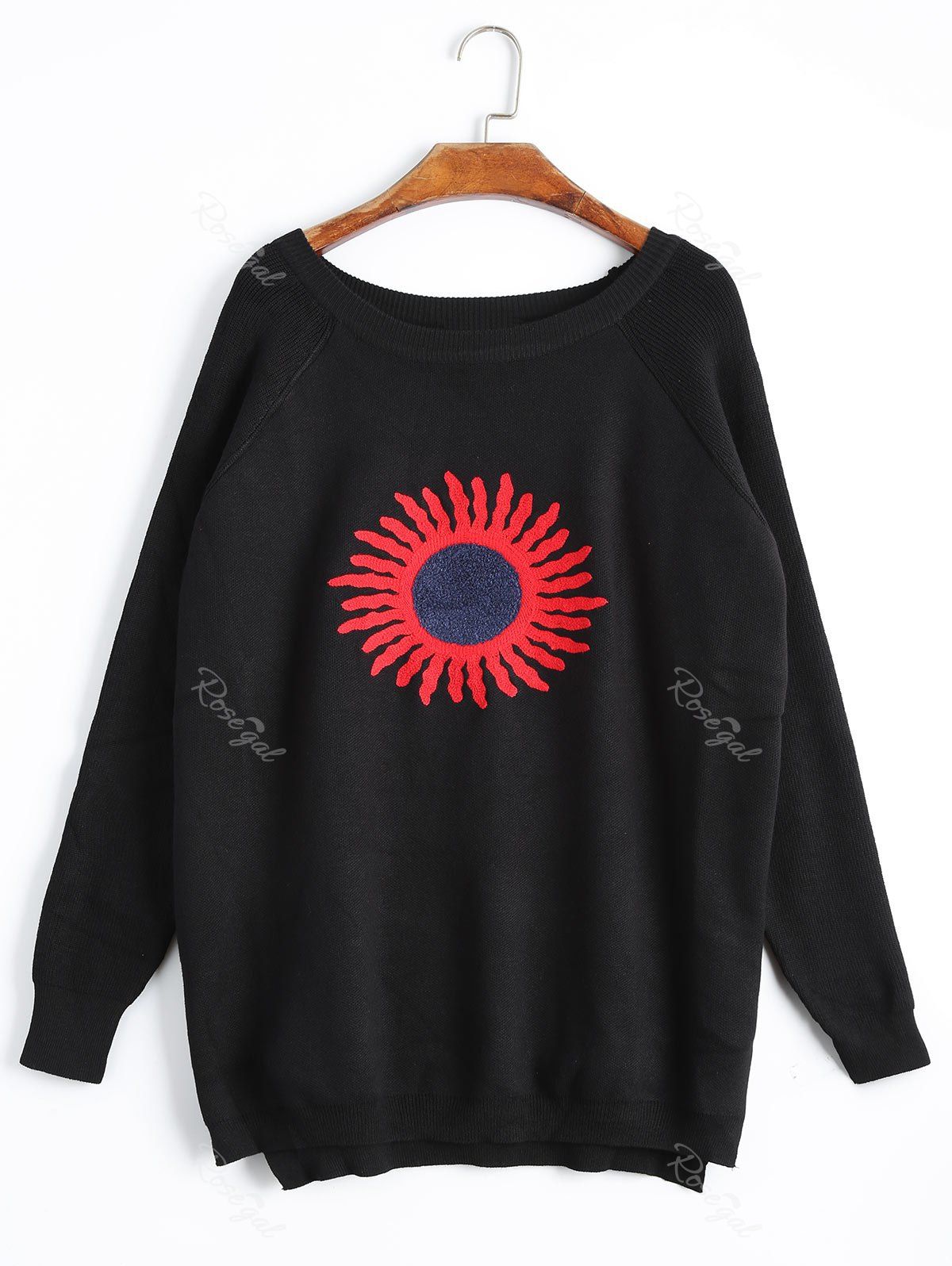 

Plus Size High Low Sun Print Raglan Sleeve Knitwear, Black