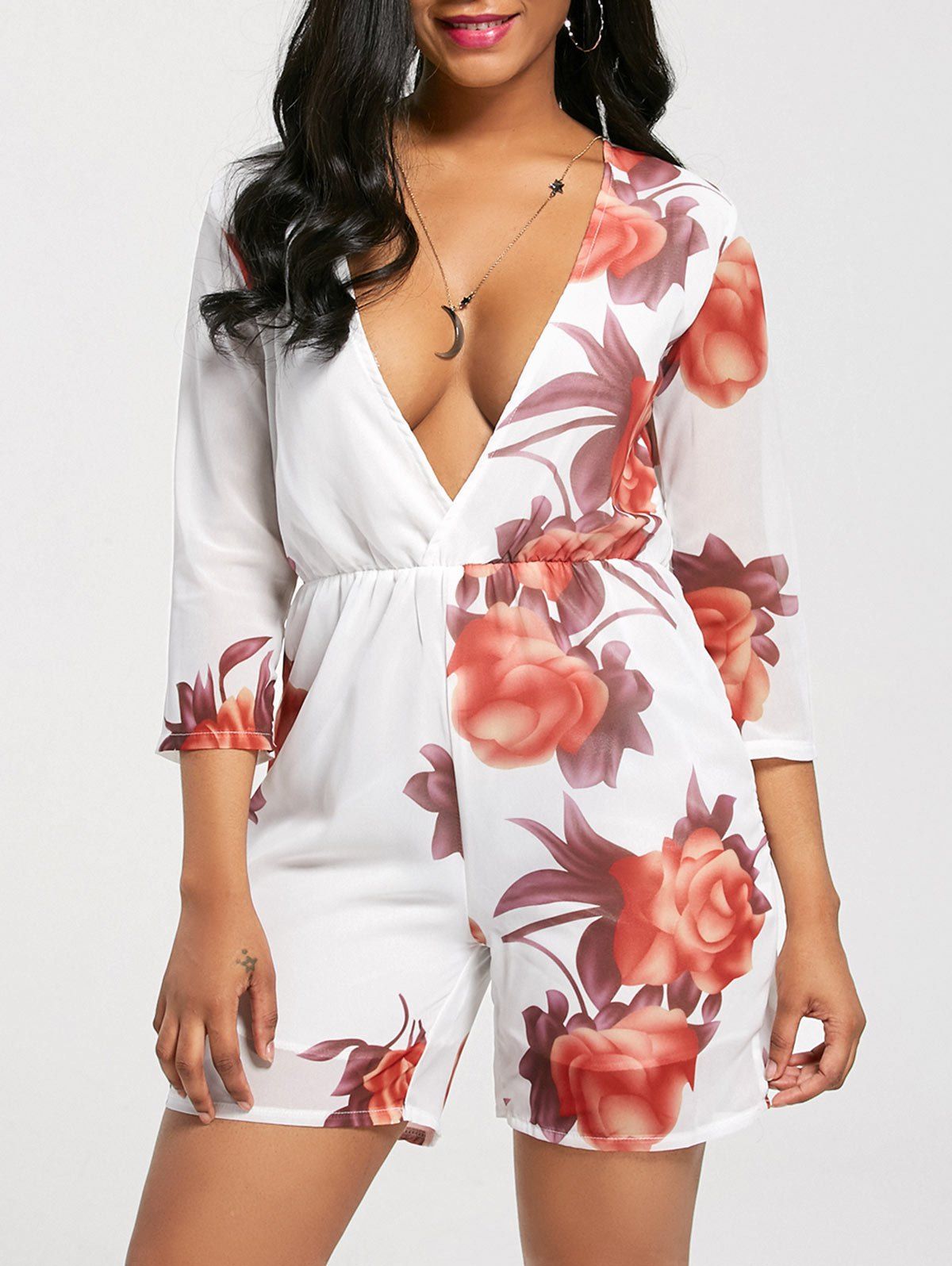 2018 Plunging Neckline Floral Romper In Floral S 3978