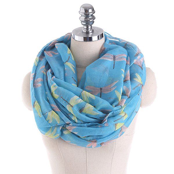 

Multicolor Dragonfly Printing Infinity Scarf, Lake blue