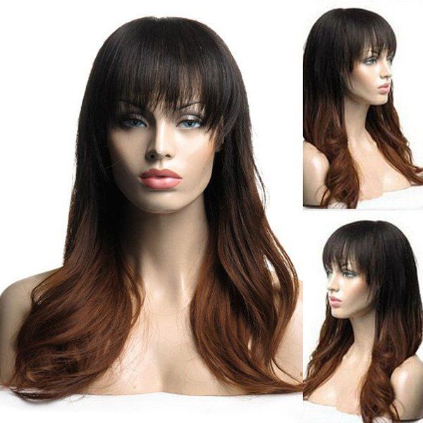 

Long Colormix Full Bang Slightly Curly Synthetic Wig, Black and brown