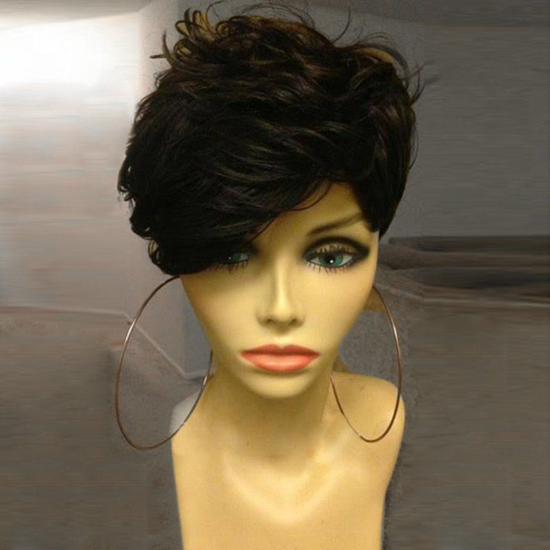 

Short Oblique Bang Shaggy Layered Curly Synthetic Wig, Black and brown