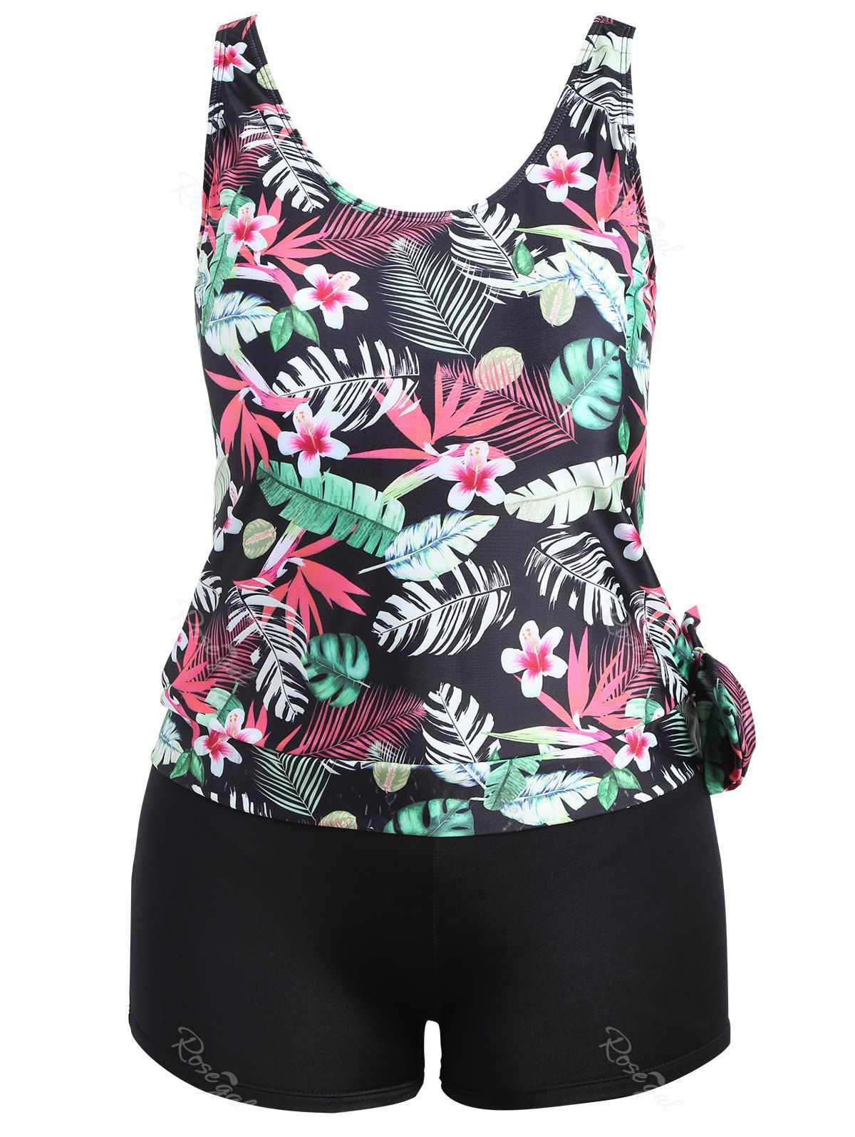 

Plus Size Tropical Leaf Floral Print Tankini Set, Black