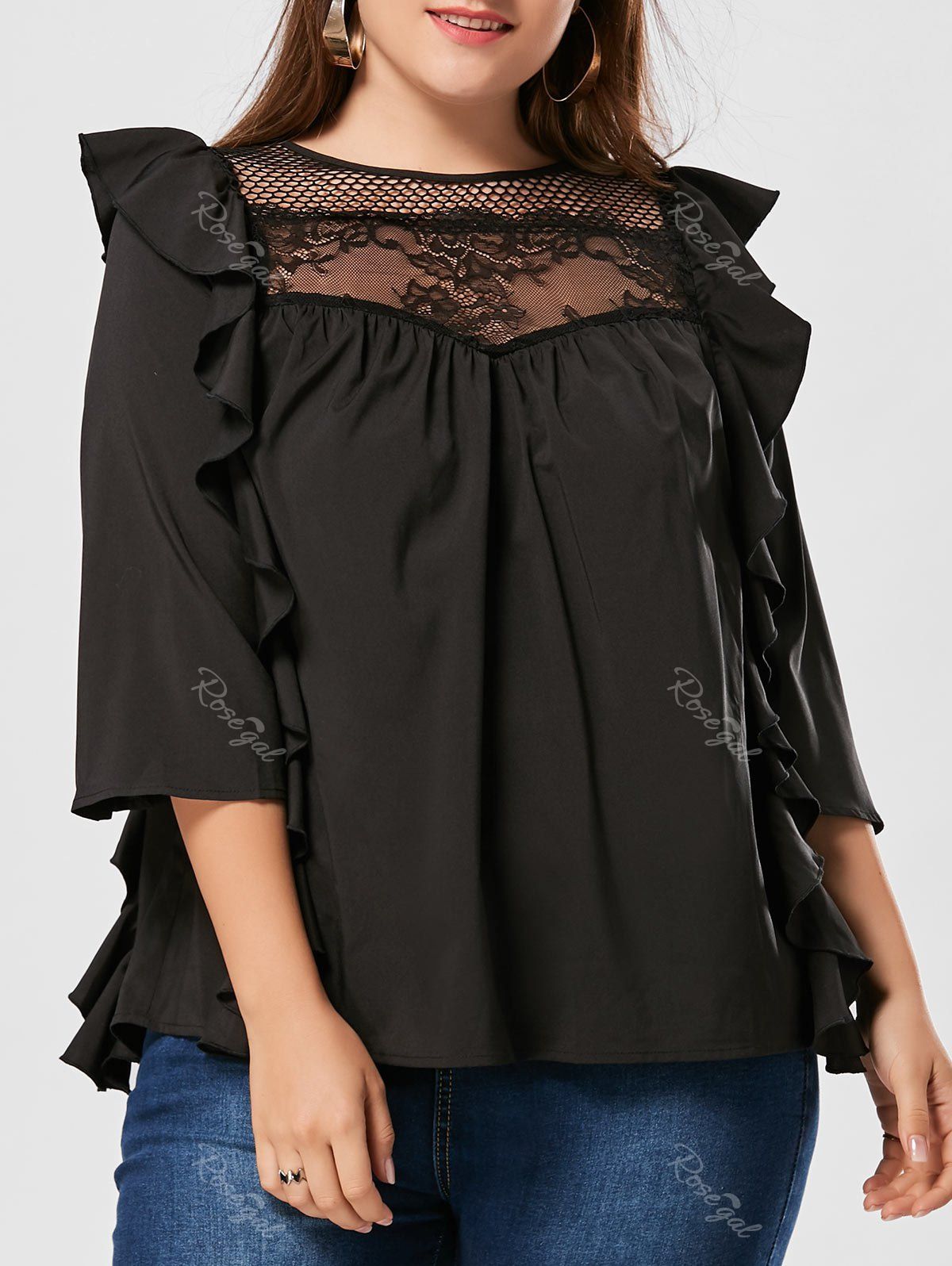 

Side Ruffle Plus Size Mesh Panel Blouse, Black