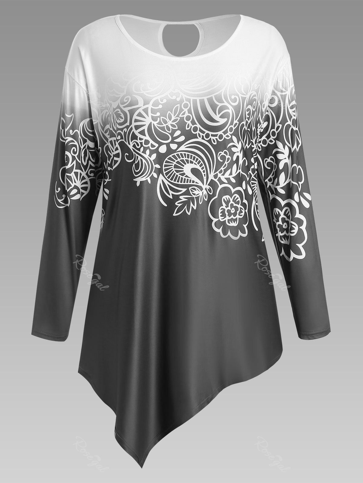 

Floral Ombre Long Sleeve Plus Size Asymmetric Top, Gray