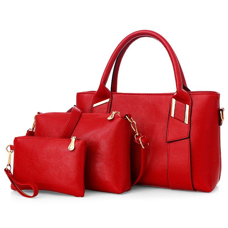 

3 Pieces Faux Leather Handbag Set, Red