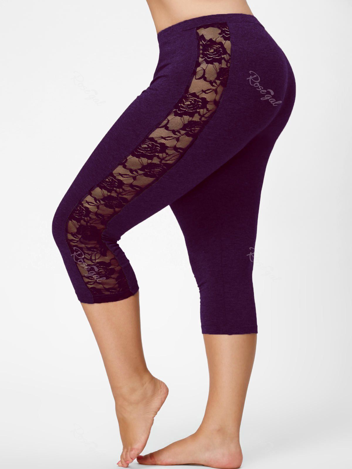 

Mesh Panel Lace Plus Size Cropped Leggings, Deep purple