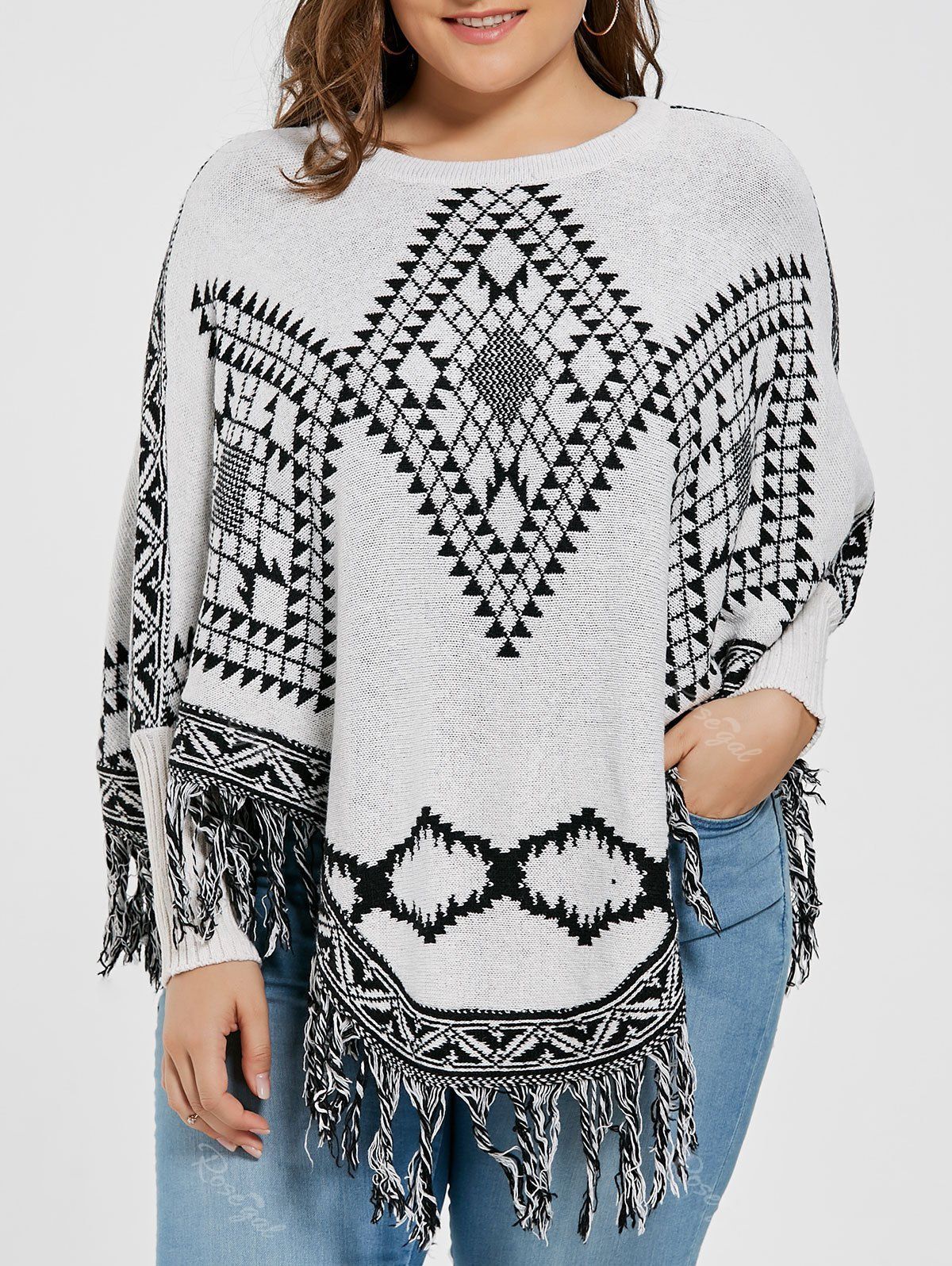 

Geometric Fringed Plus Size Poncho Sweater, Light grey