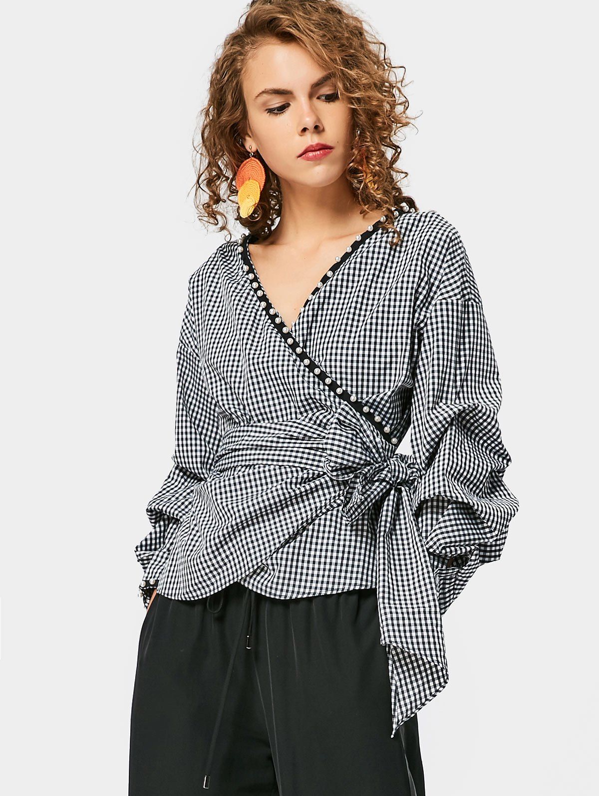 

Wrap Checked Faux Pearl Blouse