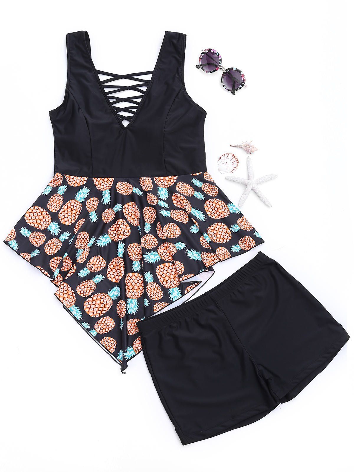 

Pineapple Strappy Asymmetric Plus Size Tankini, Black
