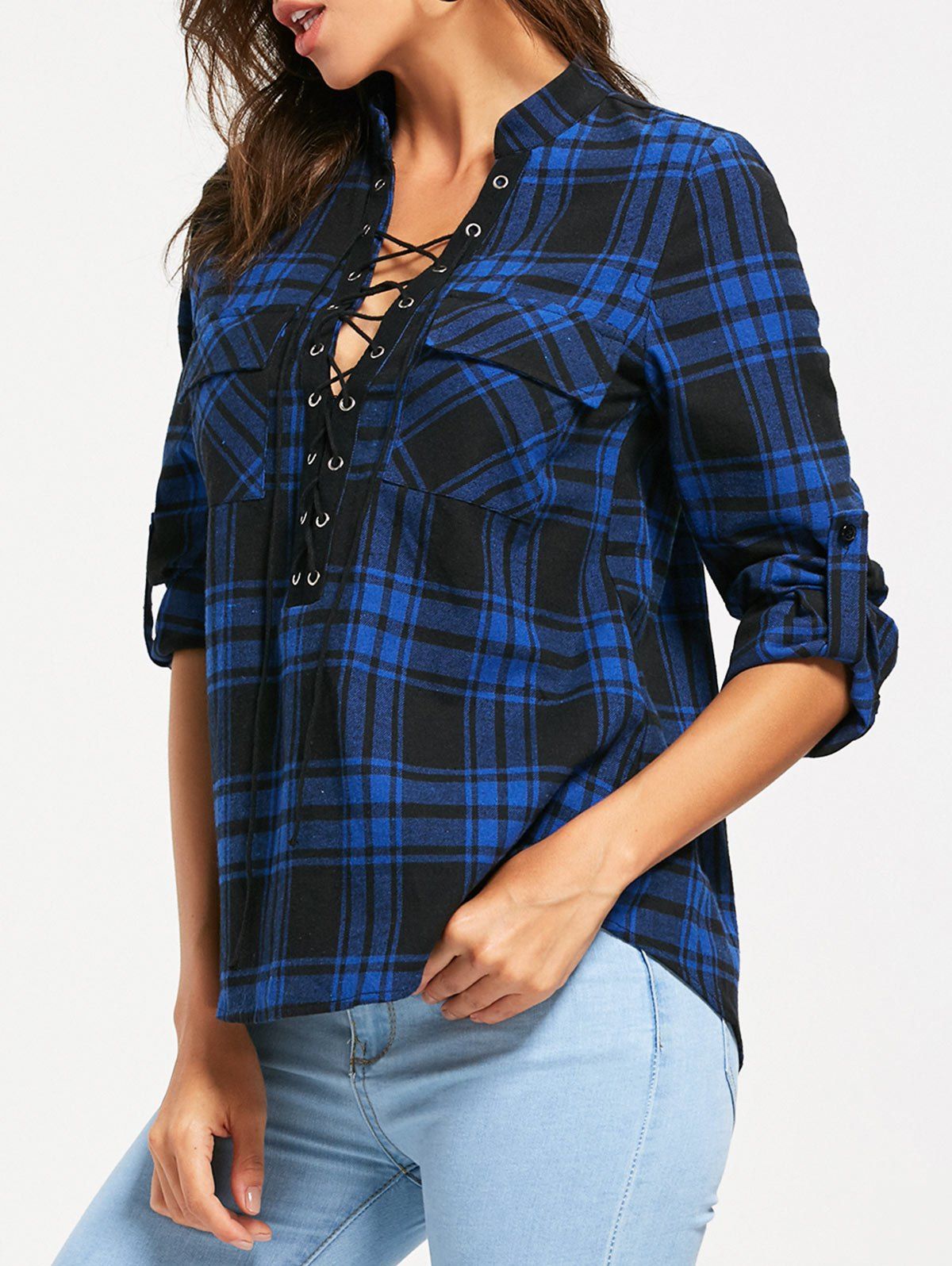 

Lace Up Front Long Sleeve Tartan Blouse, Blue