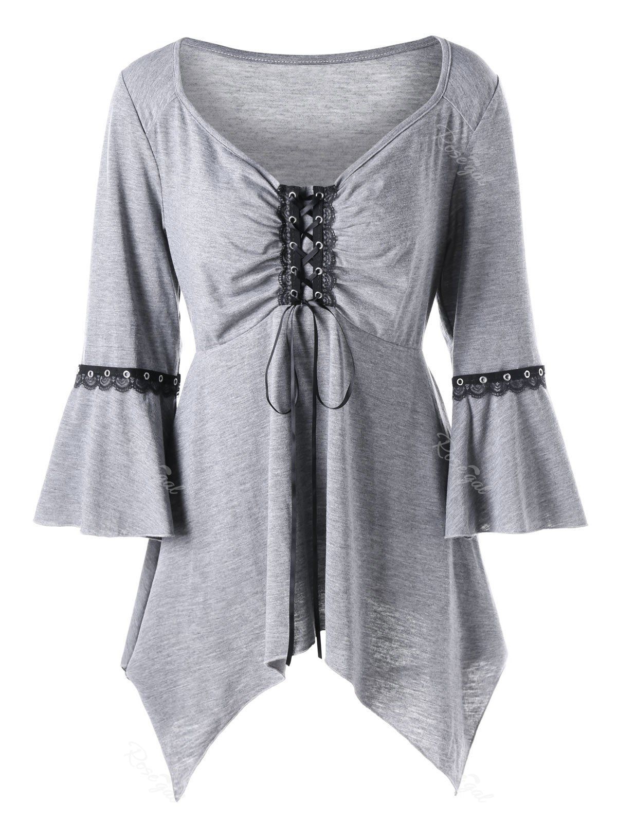 

Plus Size Flare Sleeve Lace Up Tee, Light gray