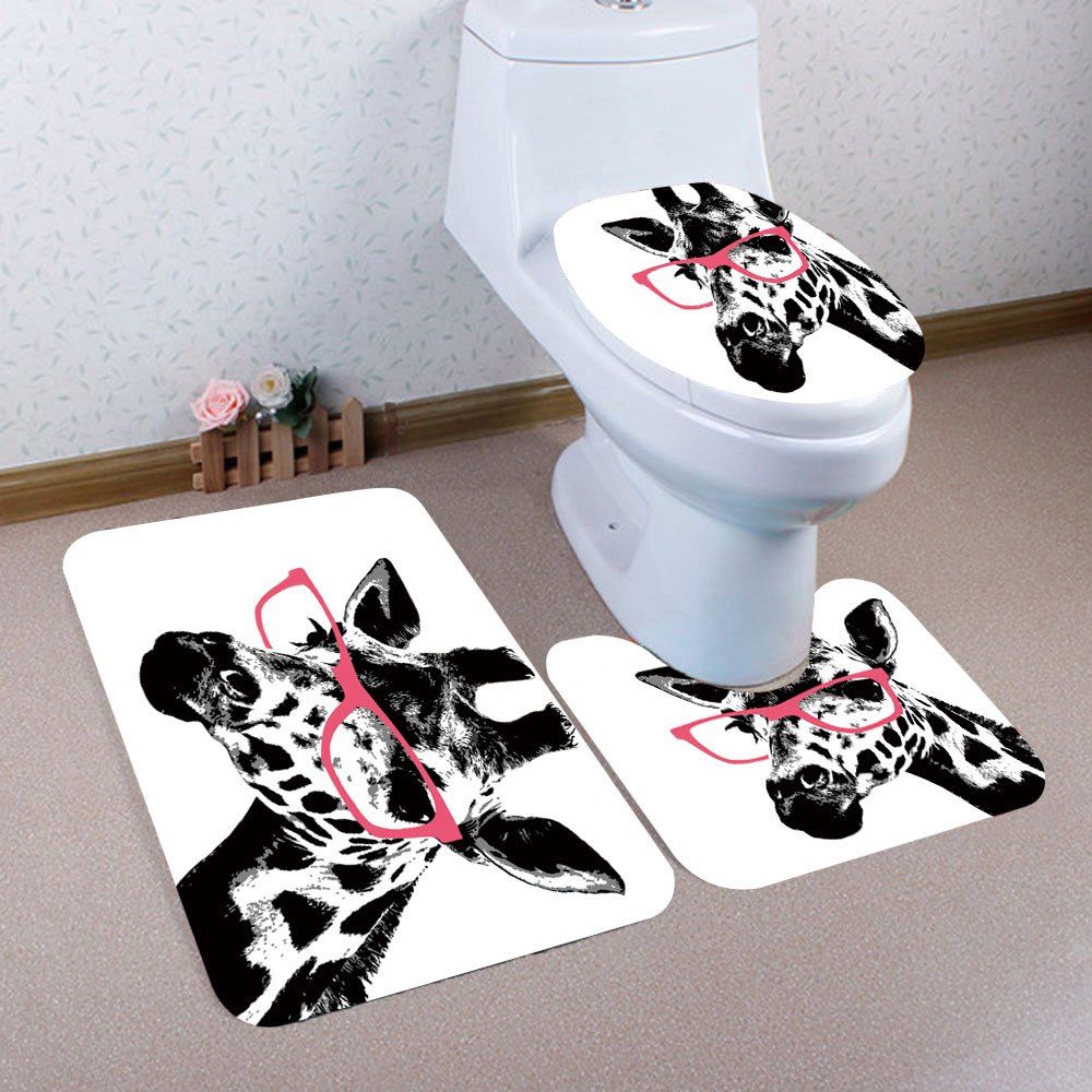 

3Pcs Giraffe Pattern Bath Toilet Mats Set, White and black