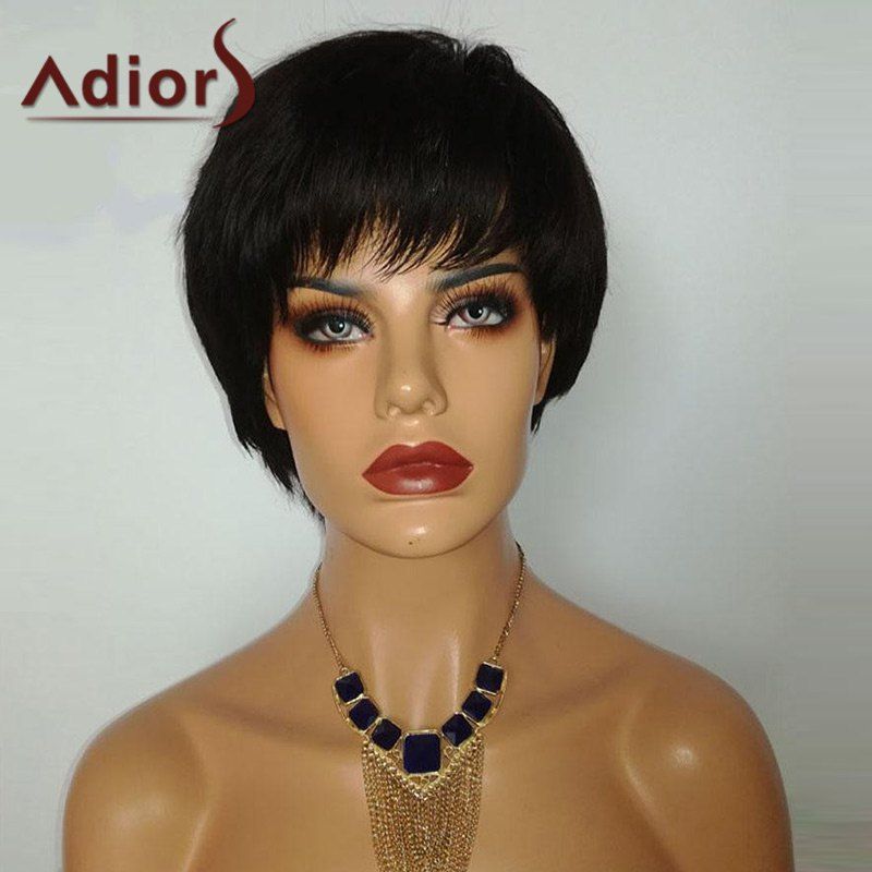 

Adiors Side Bang Straight Short Pixie Bob Synthetic Wig, Black