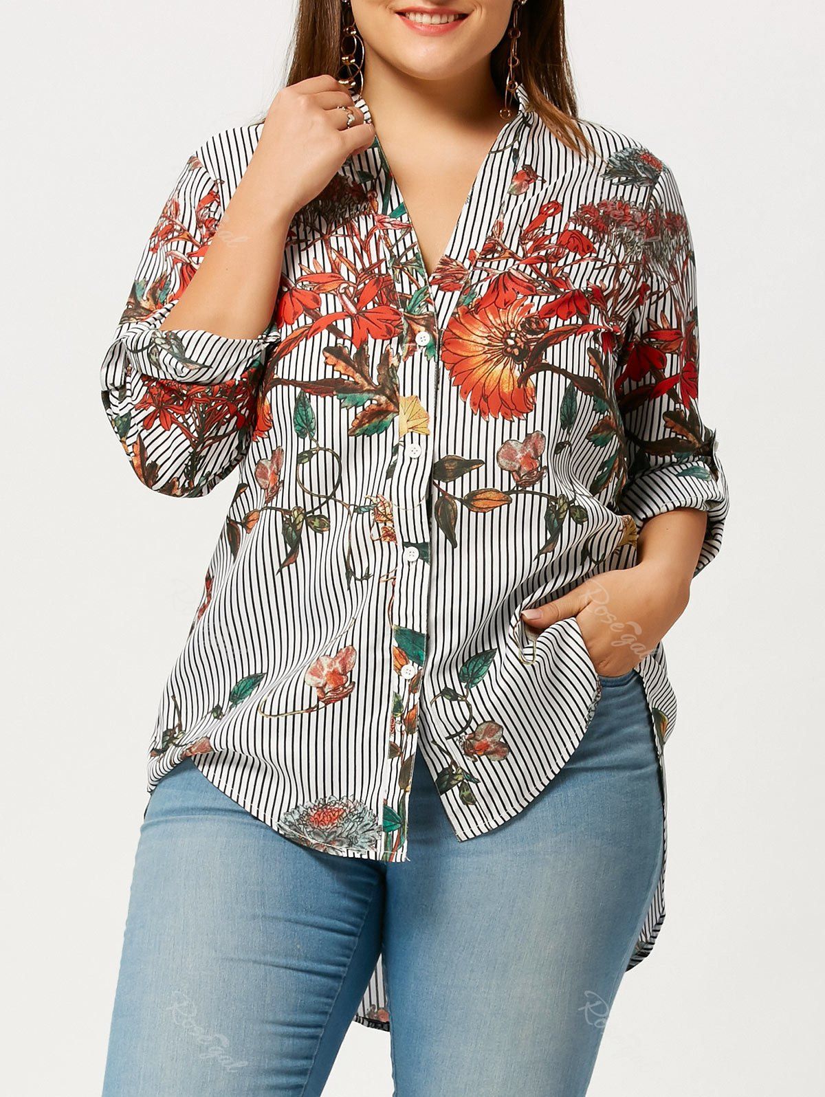 

Flower Leaf Plus Size High Low Shirt, White and black