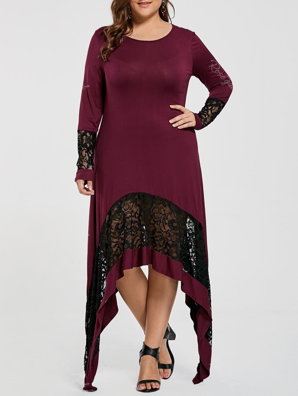 

Plus Size Lace Trim Long Asymmetric T-shirt Dress, Claret