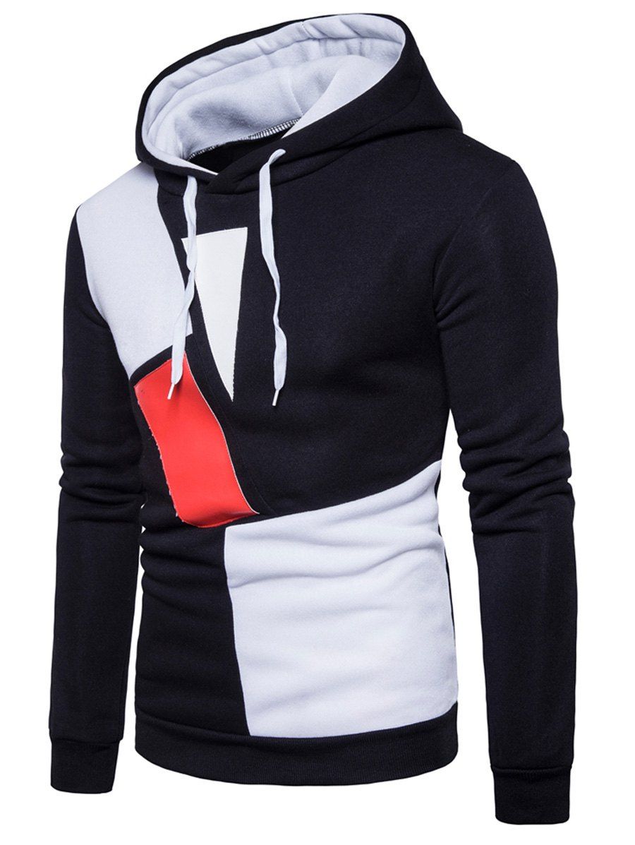 

PU Leather Color Block Panel Fleece Hoodie, Black