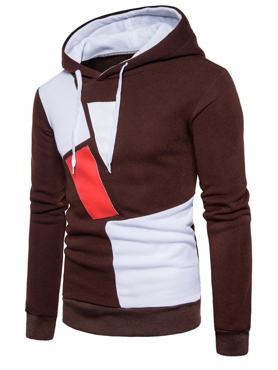 

PU Leather Color Block Panel Fleece Hoodie, Coffee