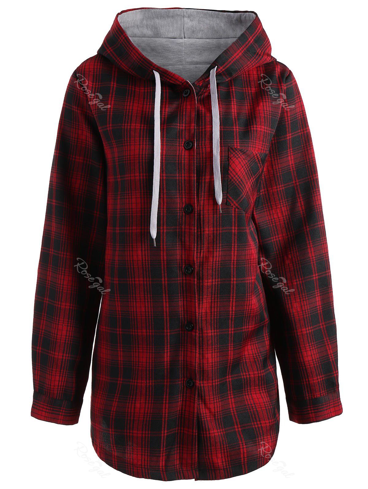 

Button Up Plus Size Plaid Hooded Coat, Red