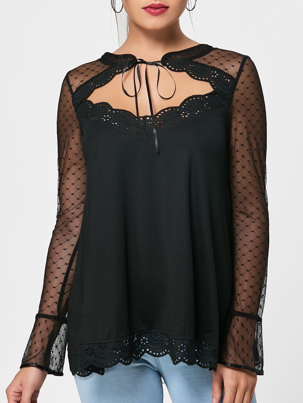 

Cut Out Mesh Panel Sheer Blouse, Black