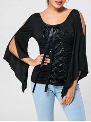 Black Tiered Design Grid V-neck Flared Sleeves Blouses