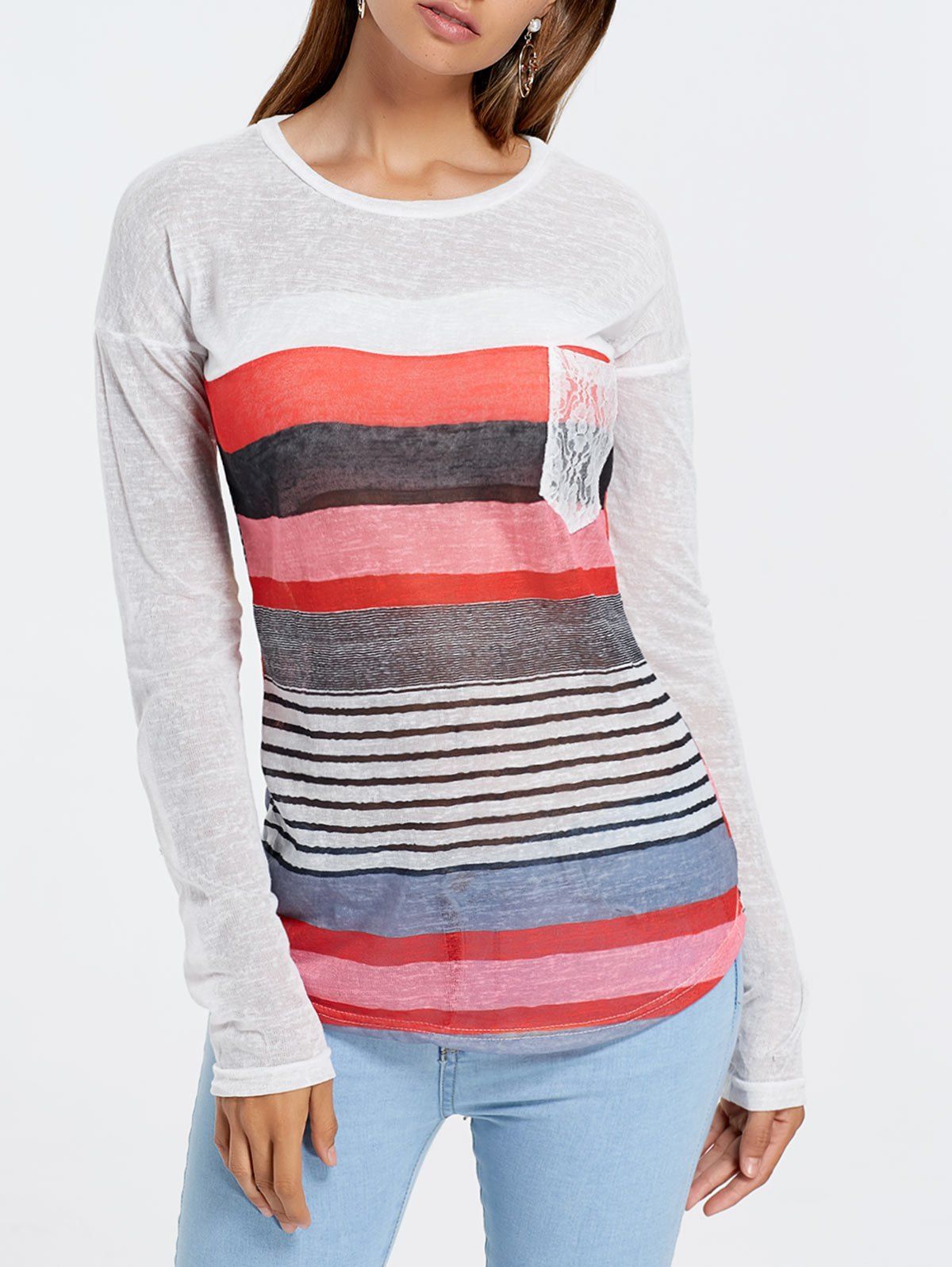 

Long Sleeve Striped Irregular Sheer T-shirt, Colormix