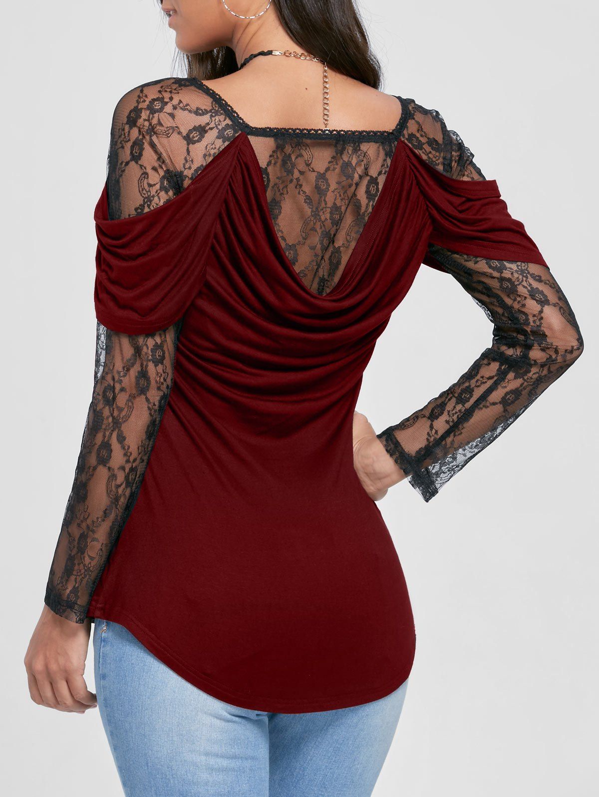 

Sheer Lace Yoke Cowl Back Top, Black and red
