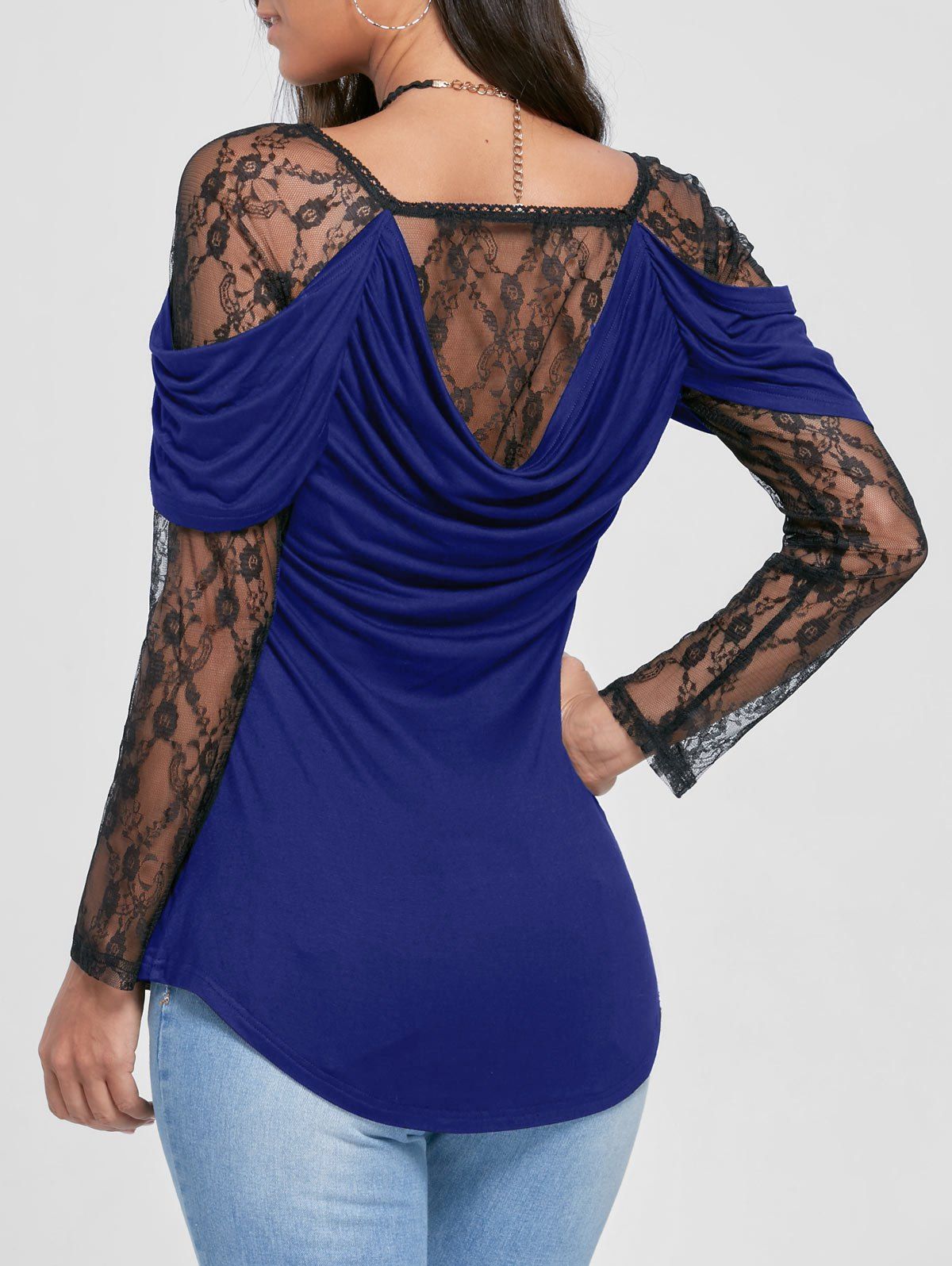 

Sheer Lace Yoke Cowl Back Top, Black and blue